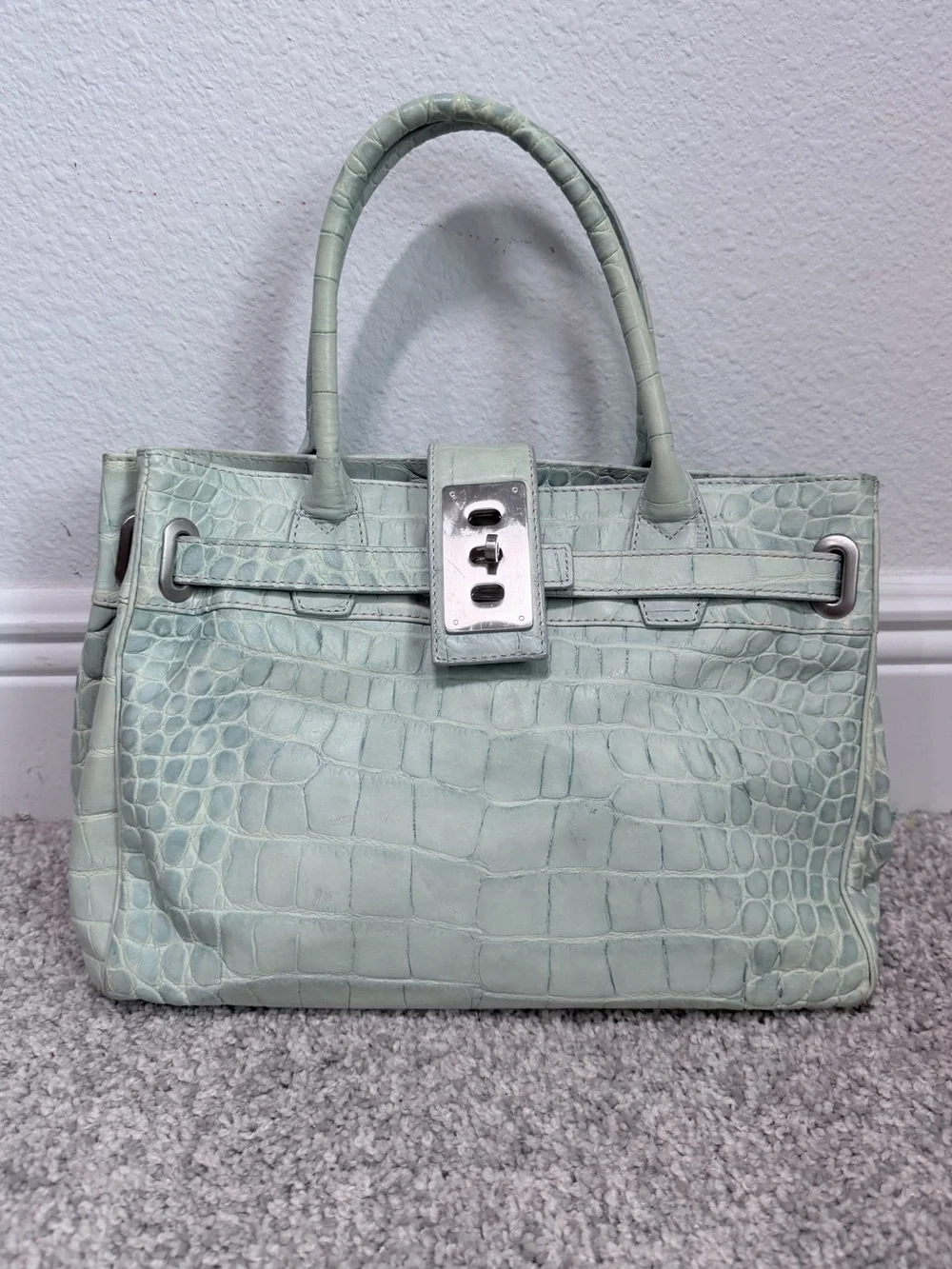 Donald J. Pliner Mint Embossed Croc Leather Satchel Tote